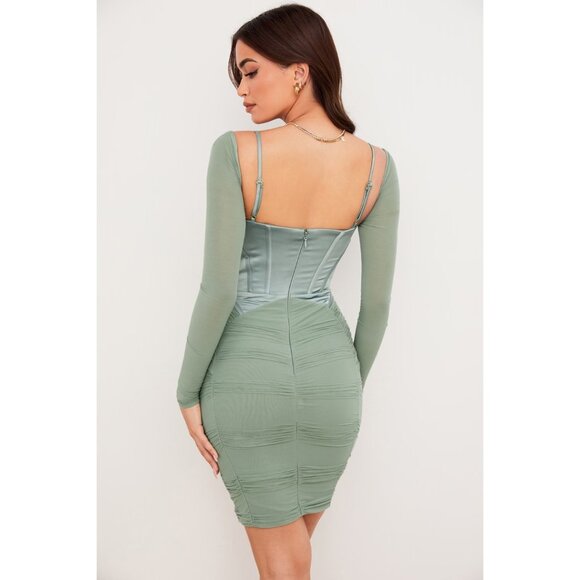 House of CB Freyja Gathered Corset Dress Size M Sage Green Mesh & Satin - Picture 8 of 15